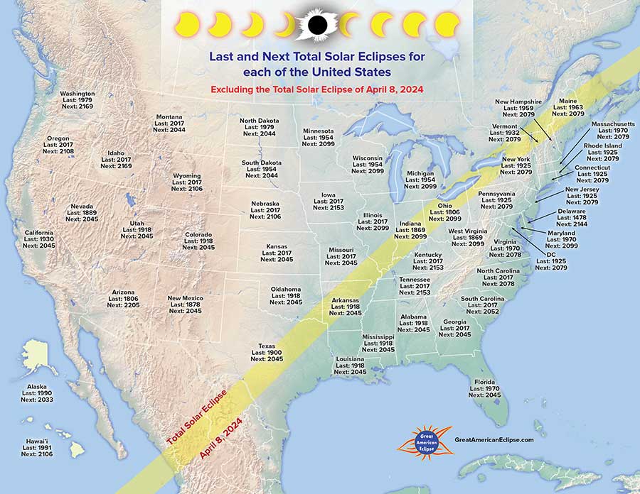 North America map showing the paths of most recent and next annular solar eclipses