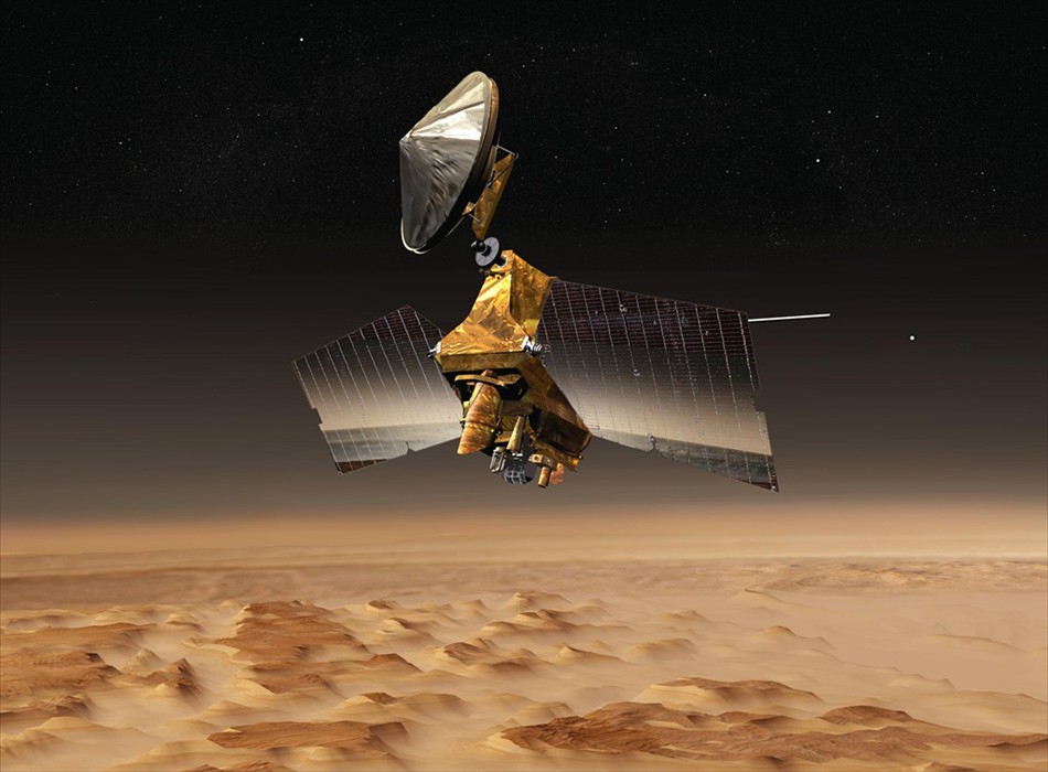 Mars Reconnaissance Orbiter over Nilosyrtis Mensae (art)