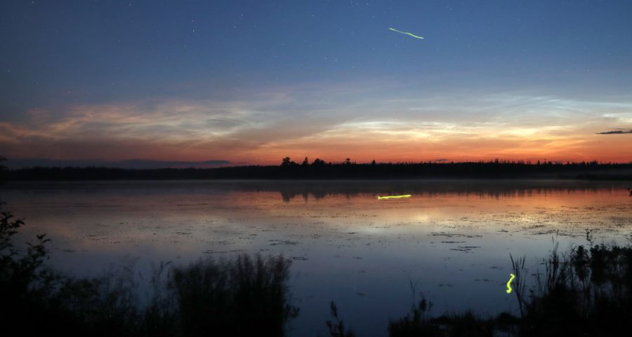 Noctilucent clouds form over a lake with fireflies