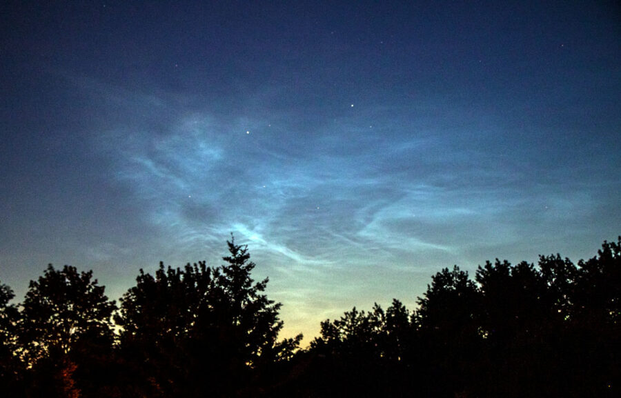 Noctilucent clouds, Castor, and Pollux from Minnesota