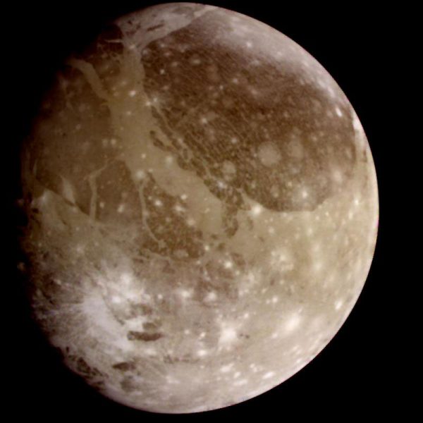 Ganymede in sepia tones against a black background
