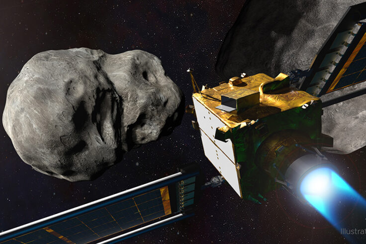 Artist's concept of DART spacecraft with asteroid in background