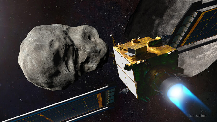 Artist's concept of DART spacecraft with asteroid in background