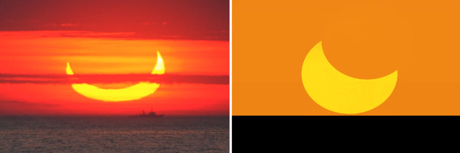 Partial solar eclipse sunrise-sunset pair
