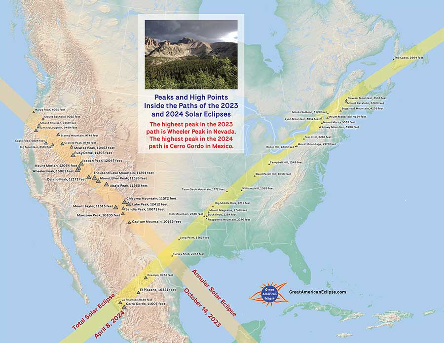 North America map showing 2023 and 2024 eclipse paths as well as mountain peaks