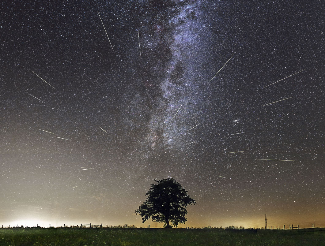 Perseids 2017 composite with the milky way in view, over a single tree in a field