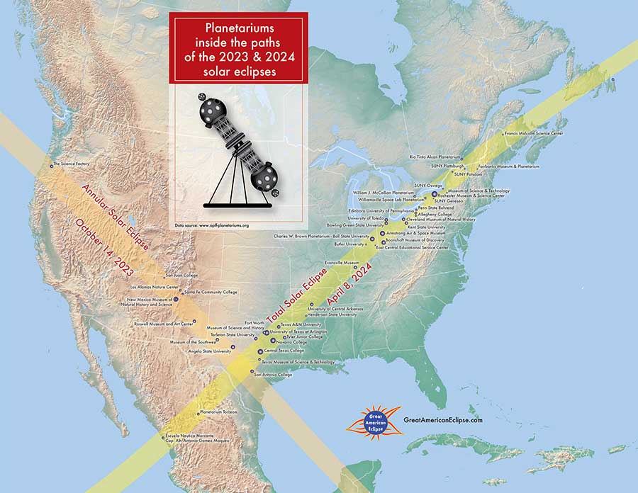 North America map showing 2023 and 2024 eclipse paths as well as planetariums