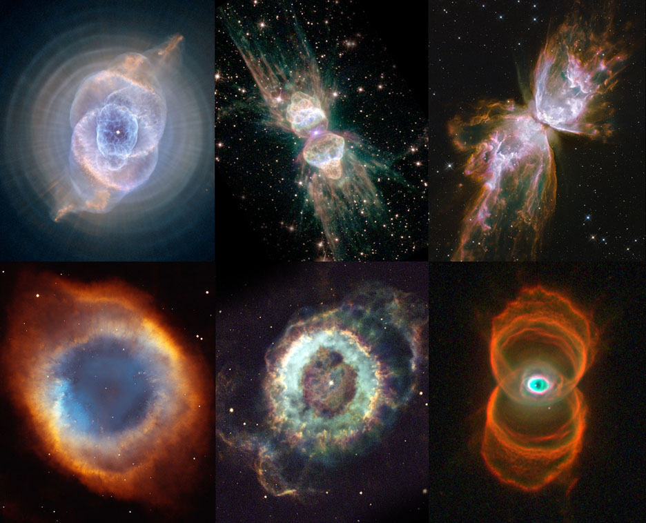 Clockwise from top left are the Cat's Eye Nebula; the Ant Nebula; the ...