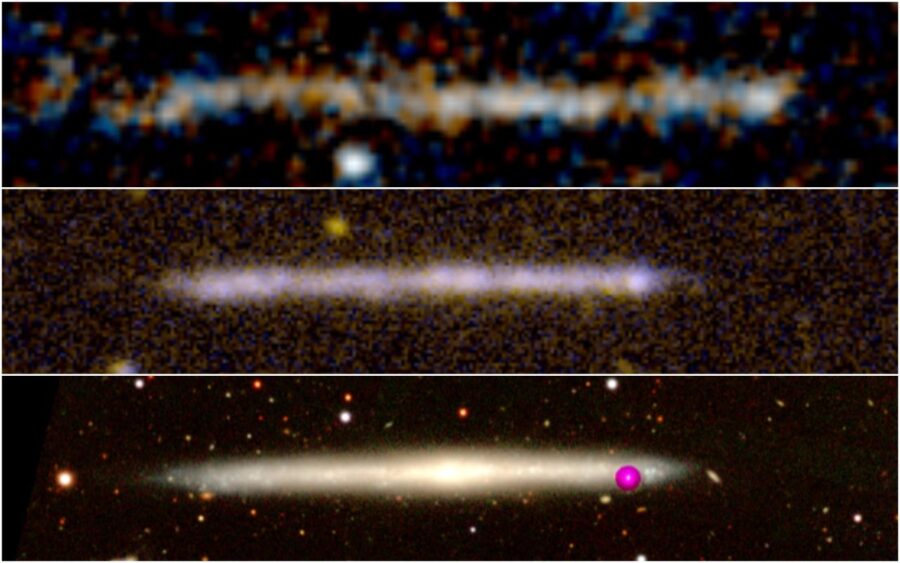 Two images showing linear features in astronomical images. The nature of the light from the top image is unknown. The bottom image is a view of an edge-on spiral galaxy.