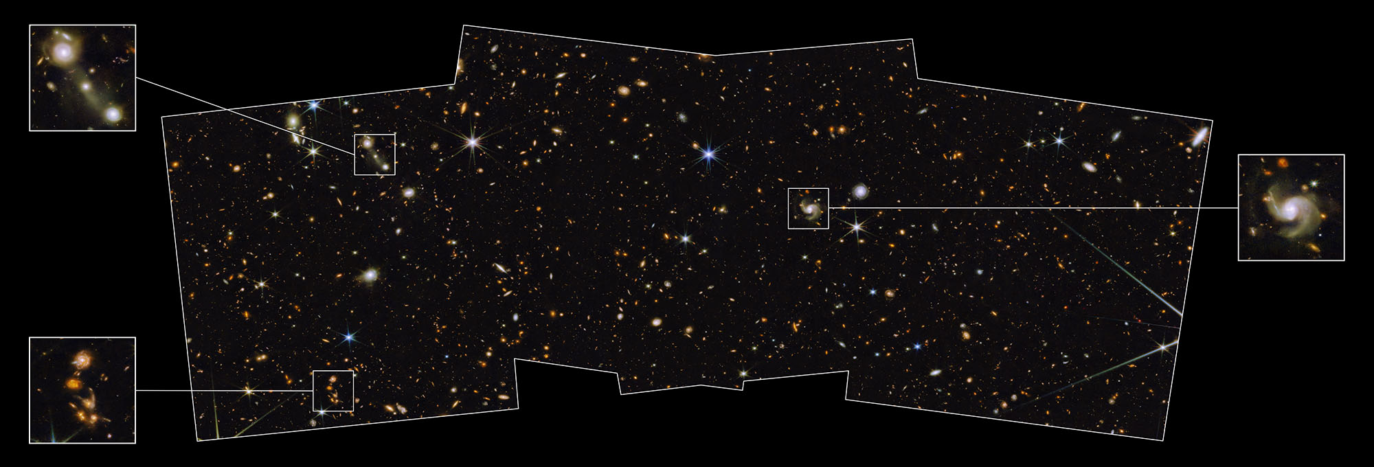 Image of north ecliptic pole shows black field dotted with distant galaxies, spiral and elliptical