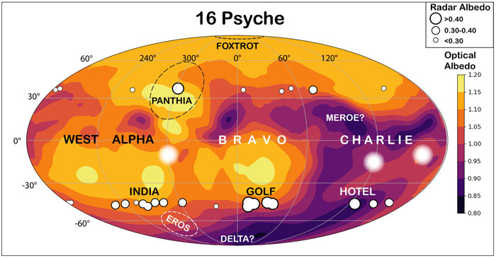 A surface map of Psyche highlight areas of high radar and visible-light albedo, as well as surface features.