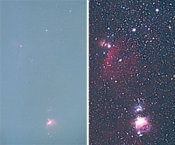 You can observe M42, the Orion Nebula, through severe light pollution (left), but far more of it will be visible in a dark, moonless sky (right).