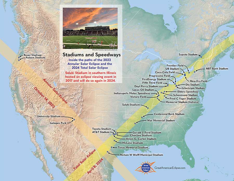 North America map showing 2023 and 2024 eclipse paths as well as stadiums