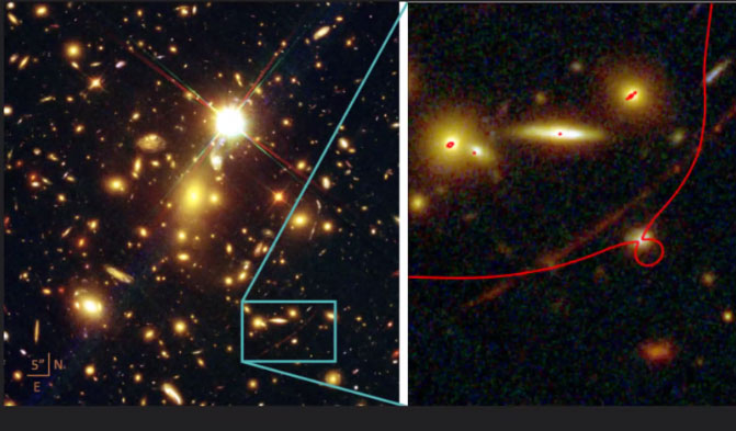 Galaxy magnified by foreground galaxy cluster