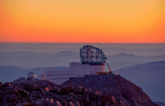 Rubin Observatory construction at sunset