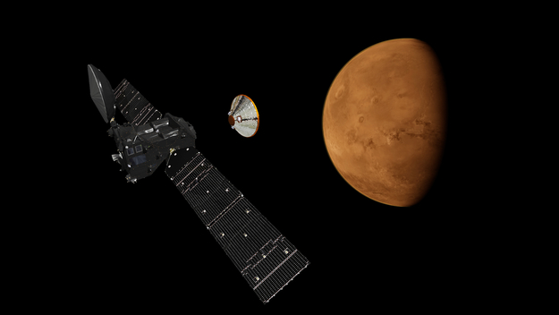 Artist's depiction of Schiaparelli lander separating from the Trace Gas Orbiter