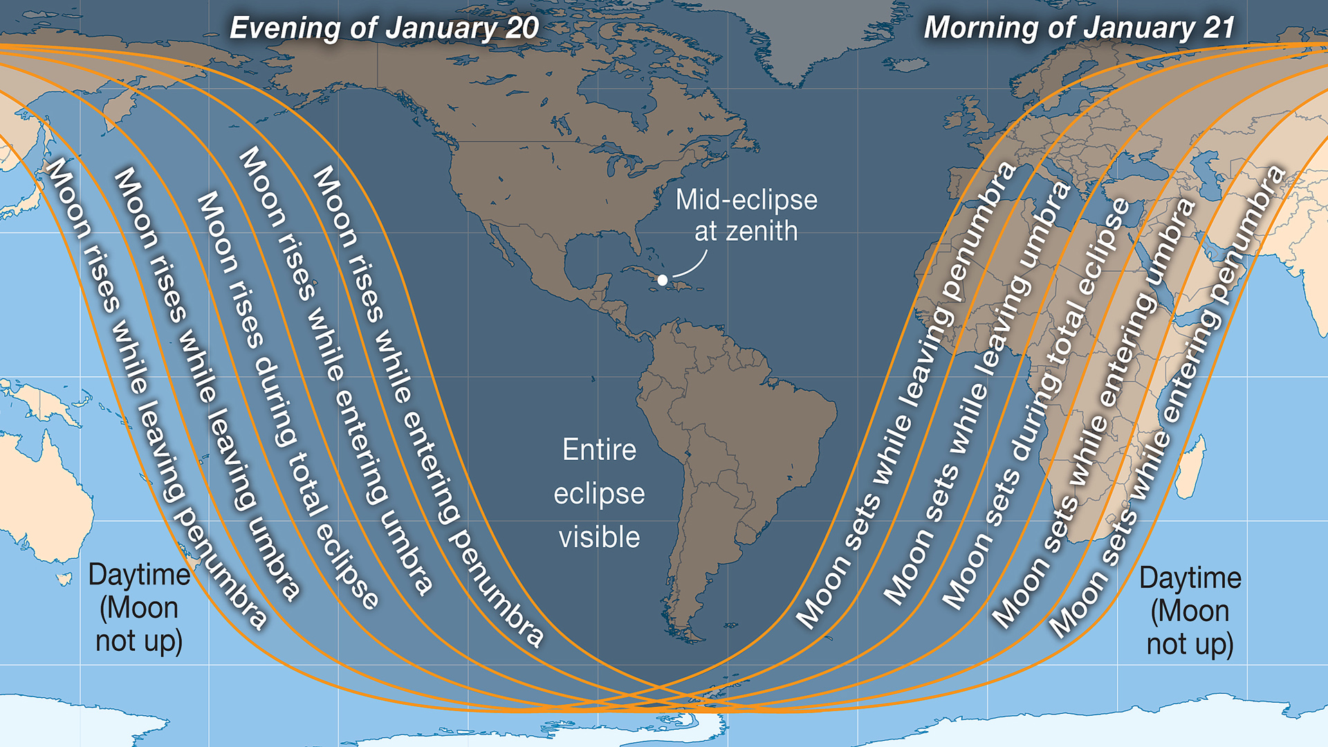Global visibility of January 2019's total lunar eclipse