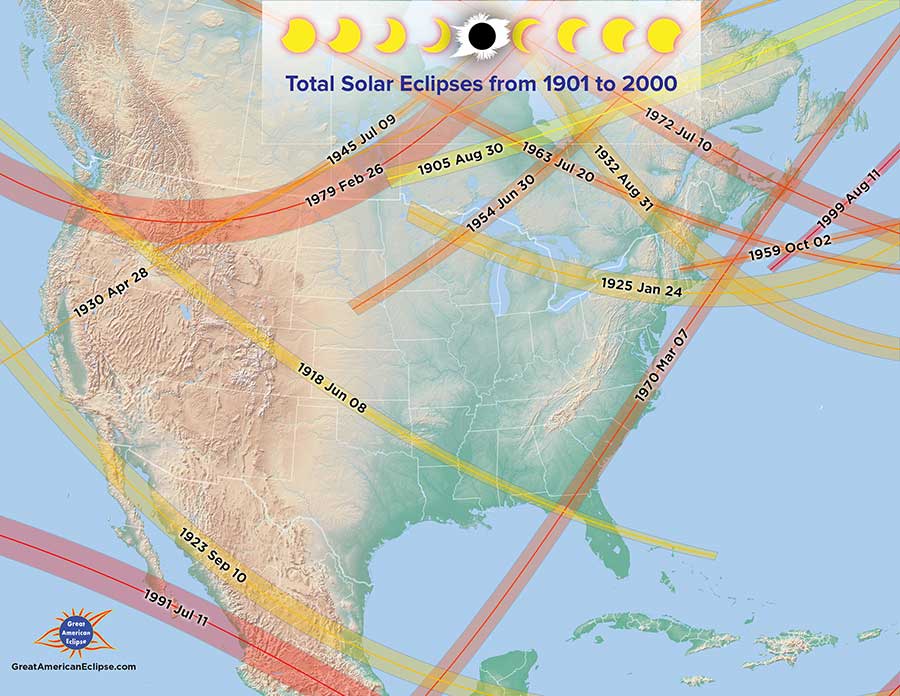 North America map showing total eclipse paths between 1901 and 2000