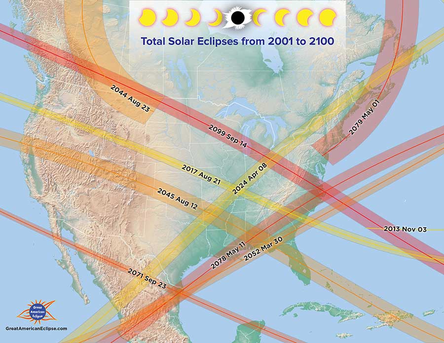 North America map showing total eclipse paths between 2001 and 2100