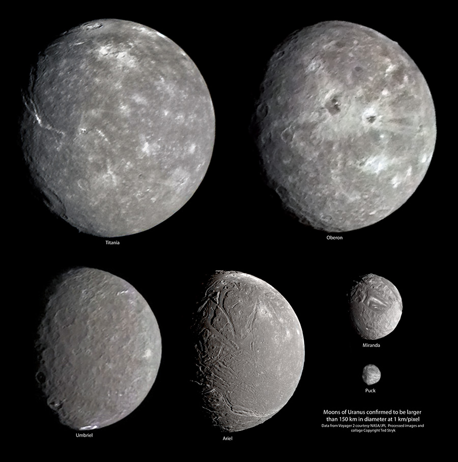 Grayscale photos of six of the moons around Uranus