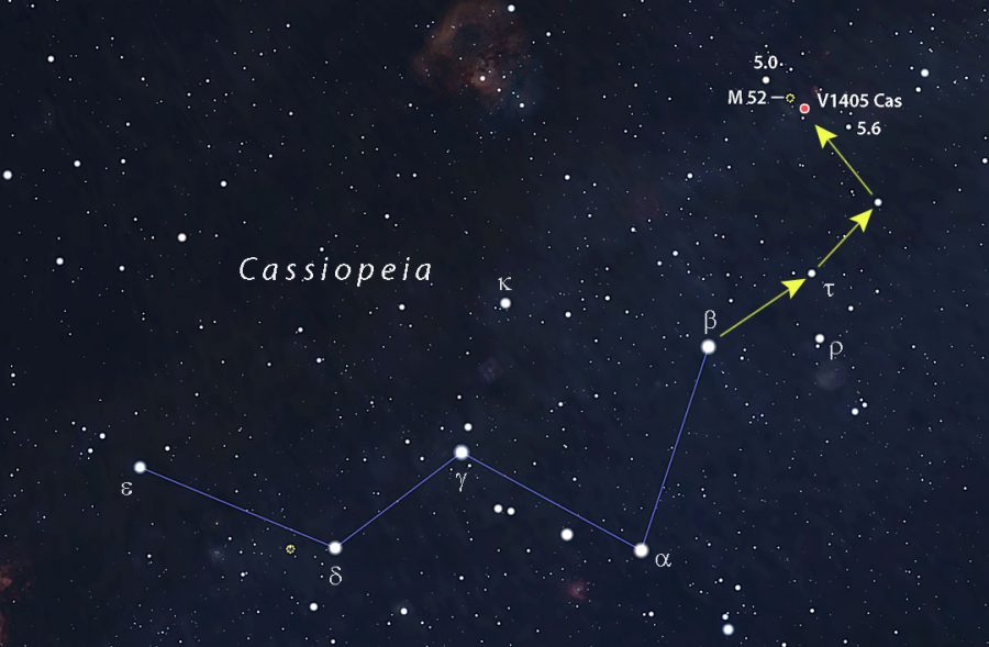 a star chart of Cassiopeia, with the slow nova V1405 Cas shown