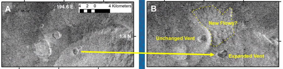 Two images showing changing shape and size of volcanic vent