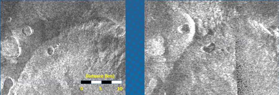 Two images showing changing shape and size of volcanic vent