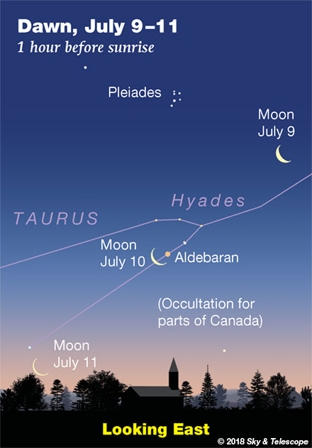 Moon, Aldebaran, Pleiades at dawn, July 9,10,11, 2018