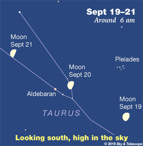 Moon, Aldebaran, Pleiades at dawn, Sept. 19-21, 2019
