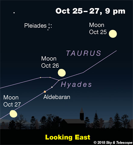 Moon, Aldebaran, Pleiades: evenings of Oct. 25, 26, 27, 2018 