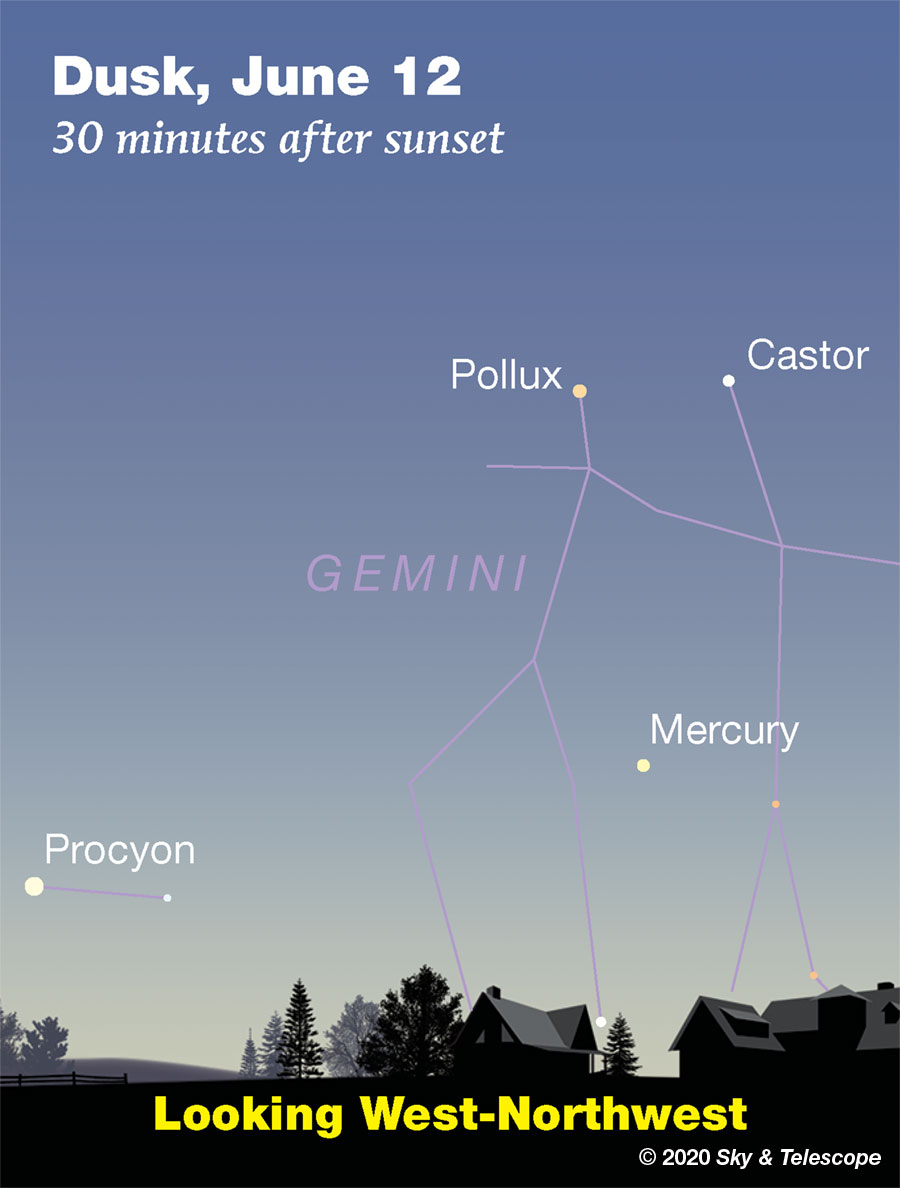 Mercury under Pollux and Castor at dusk, June 12, 2020