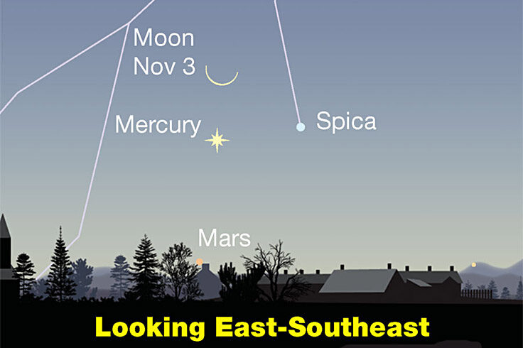 Moon, Mercury, Spica low in bright dawn, Nov. 3, 2021