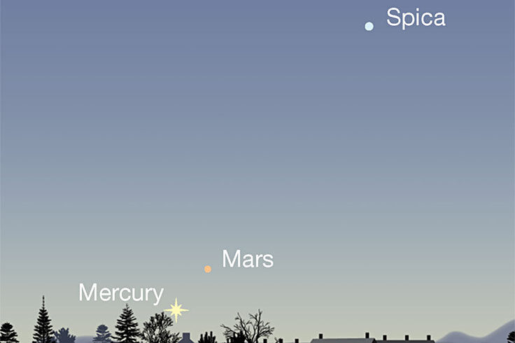 Spica points the way to low Mercury and Mars in the dawn, mid-November 2021