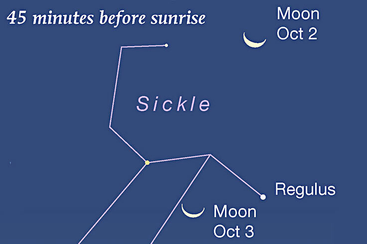 Waning Moon passing Regulus at dawn, Oct. 2-3, 2021