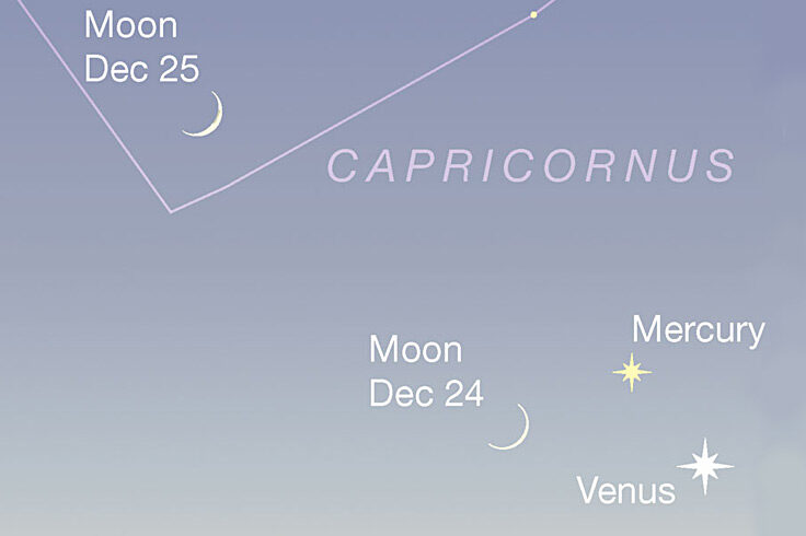 Crescent Moon passing Venus and Mercury, Dec. 24-25, 2022