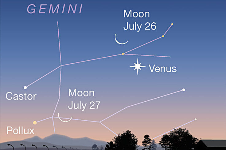 Crescent Moon and Venus low in the dawn, July 26-27, 2022