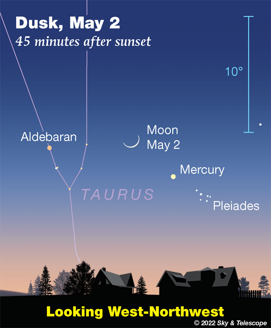 Crescent Moon with Mercury and the Pleiades, May 2, 2022