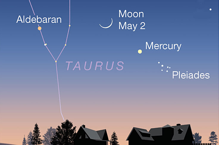 Mercury, Pleiades, crescent Moon, May 2, 2022