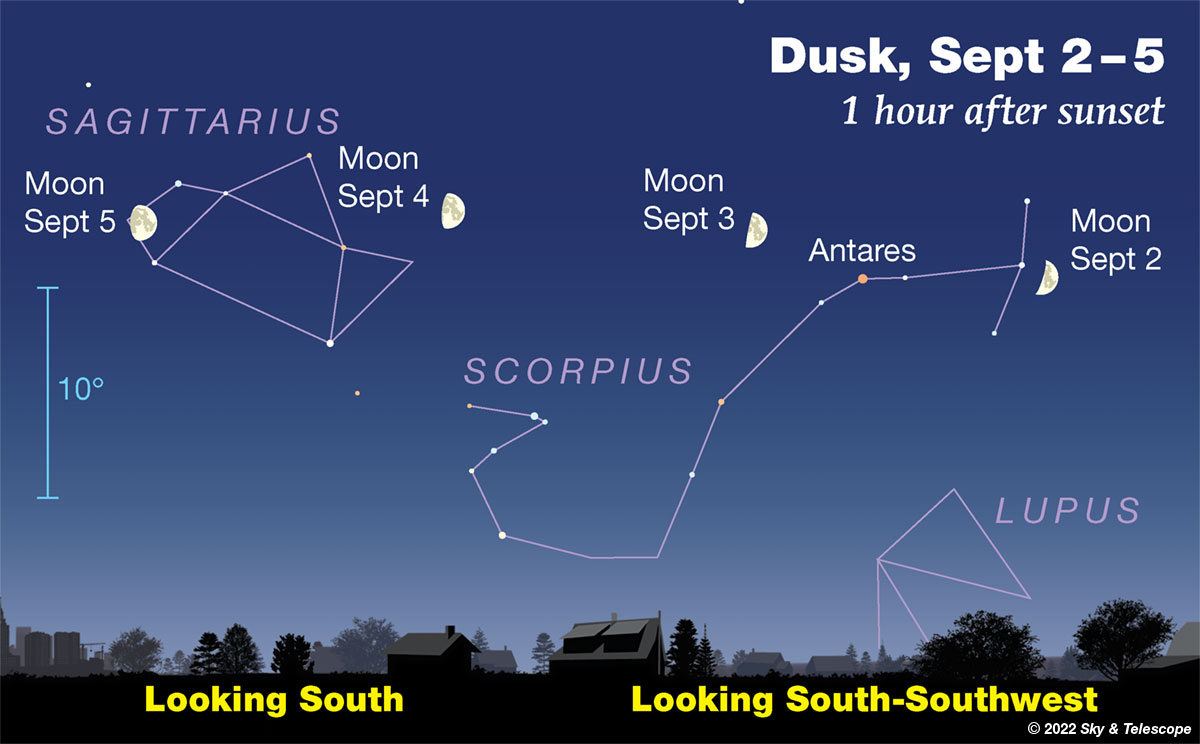 Waxing Moon passing over Scorpius and Sagittarius, Sept 2-5, 2022 