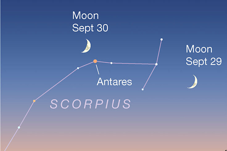 Crescent Moon with Antares at dusk, Sept. 30, 2022
