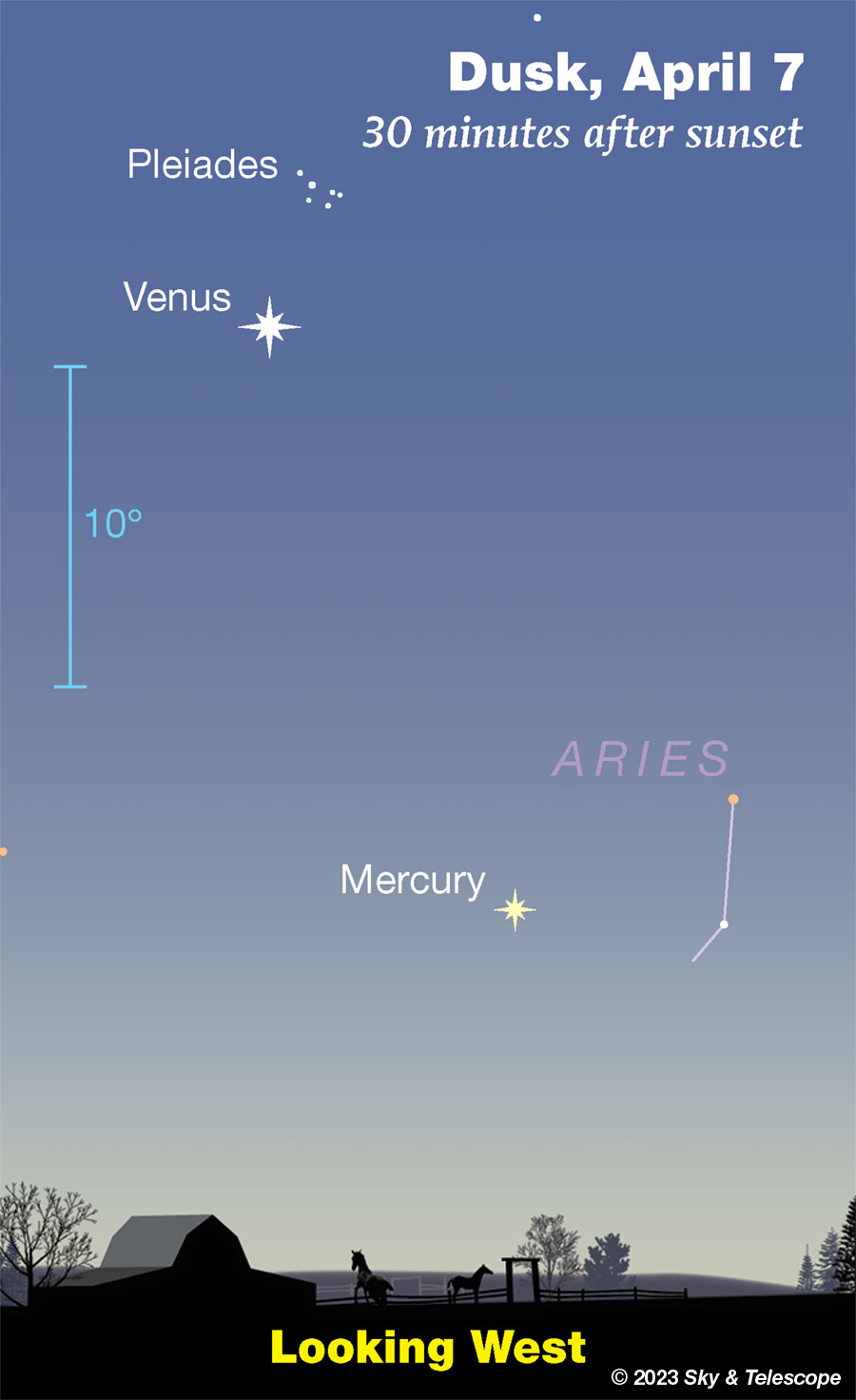 Mercury below Venus in the western twilight, April 7, 2023. Venus is approaching the Pleiades.