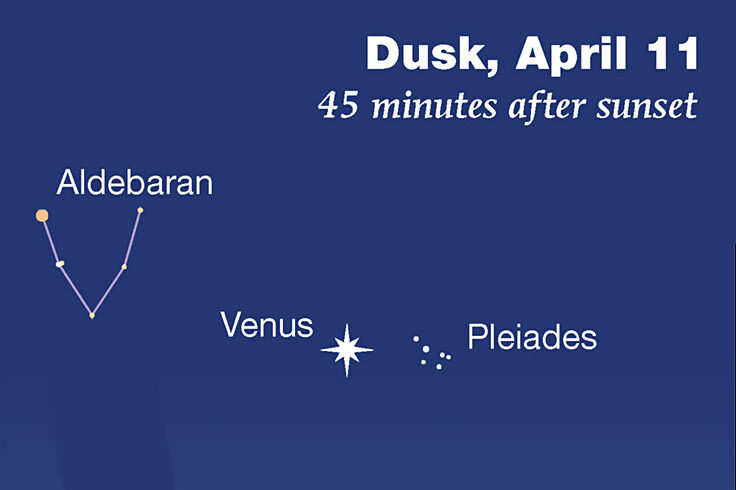 Venus near the Pleiades, Hyades, and Aldebaran, April 11, 2023