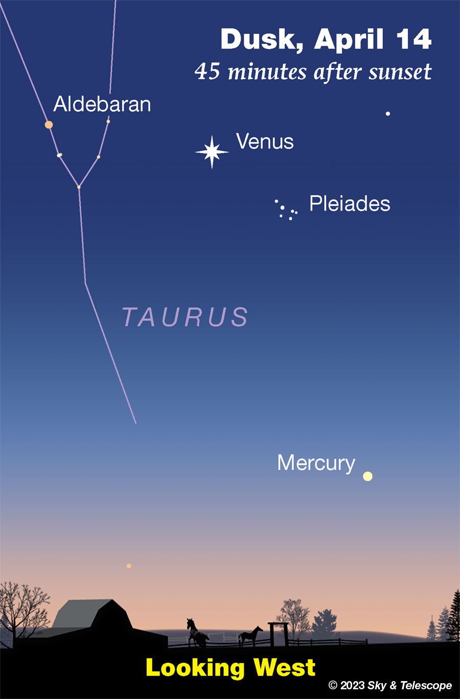 Venus, Aldebaran and the Pleiades in the western twilight, April 14, 2023