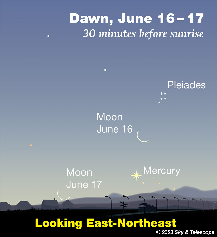 Thin waning crescent Moon over Mercury low in the dawn, June 16, 2023