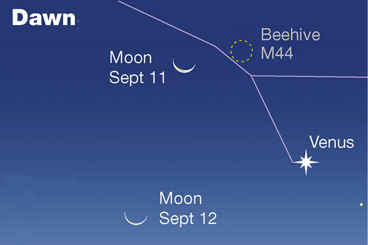 Waning crescent Moon passing Venus at dawn, Sept 11-12, 2023Moon