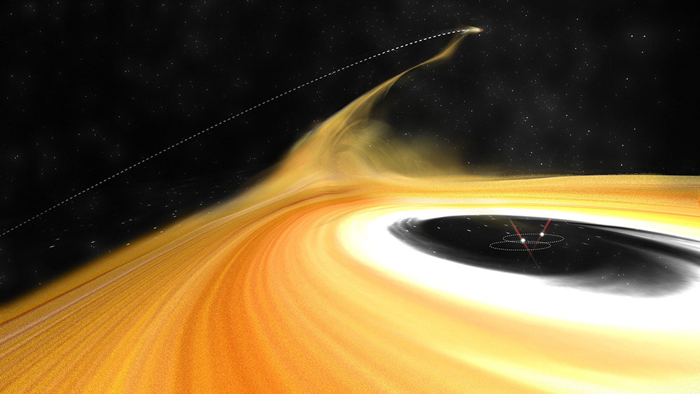 Artist's impression of a binary star system, its protoplanetary disk, and the intruder that tore away a long filament.