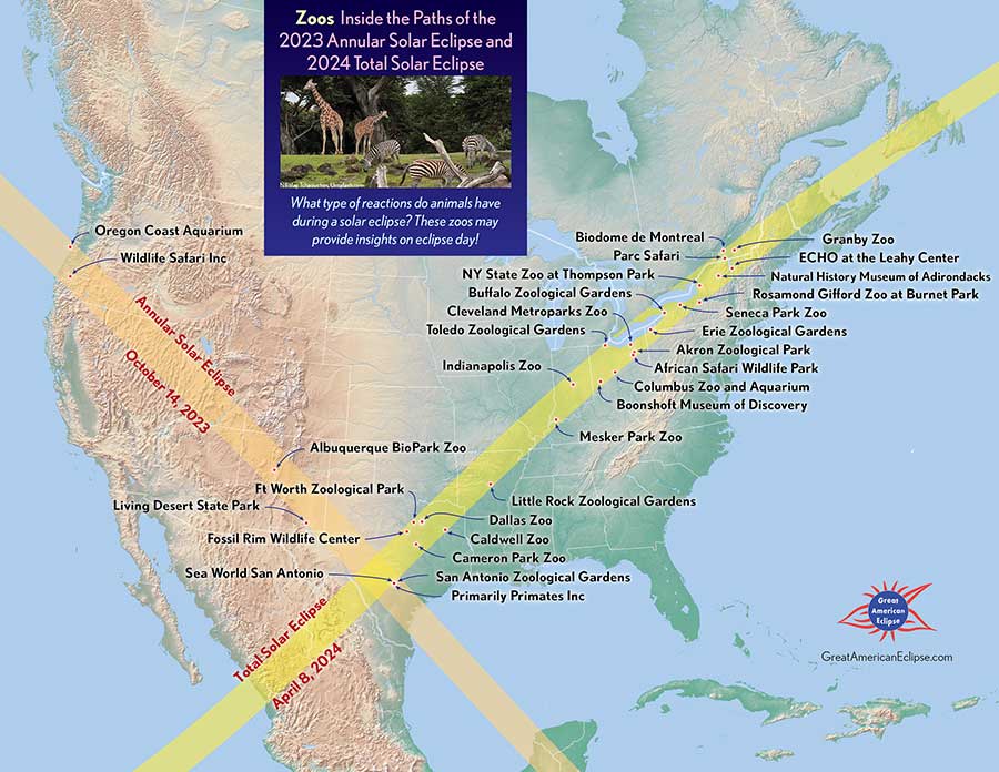 North America map showing 2023 and 2024 eclipse paths as well as zoos