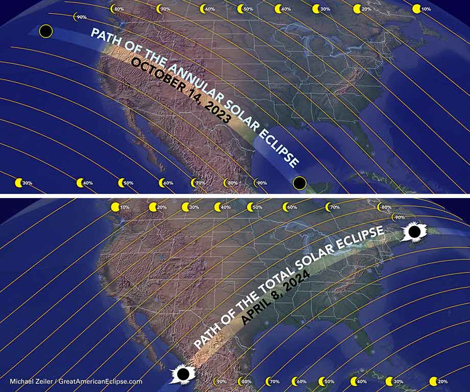 Eclipse paths in 2023 and 2024