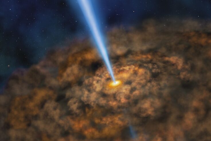 An artist's impression of the dramatic outflows from an active galaxy’s nucleus.