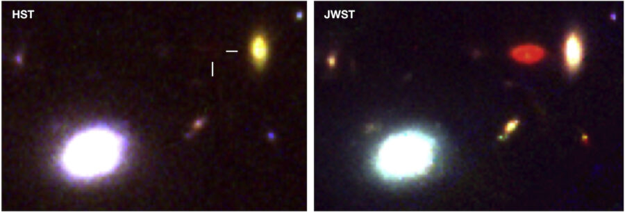 Image at right shows red blob at upper right not seen in left frame